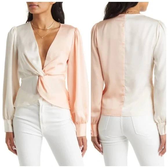 NWT Peach & Cream Color Block Twisted Front Blouse - Picture 1 of 11